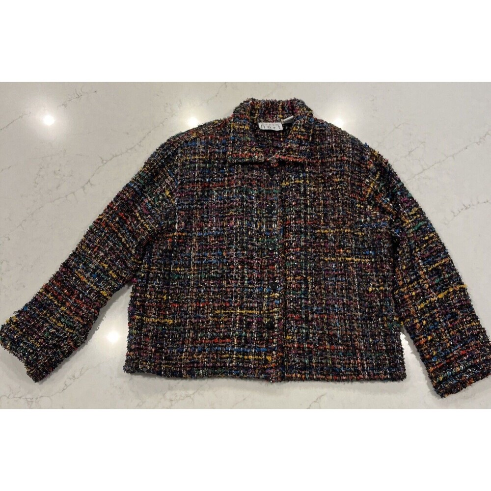 Karen Hart Rainbow Sparkly Blazer Jacket Faux Buttons Hook Loop Closure Sz XL‎